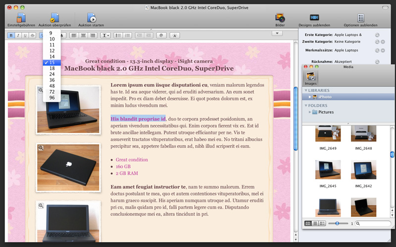 Toolbar zur Textformatierung